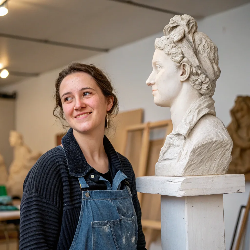 Emily with a completed sculpture